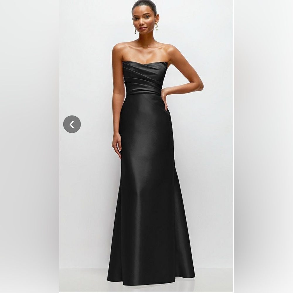 Dessy Strapless Cat-Eye Draped Bodice Satin Tumpet Dress in Black